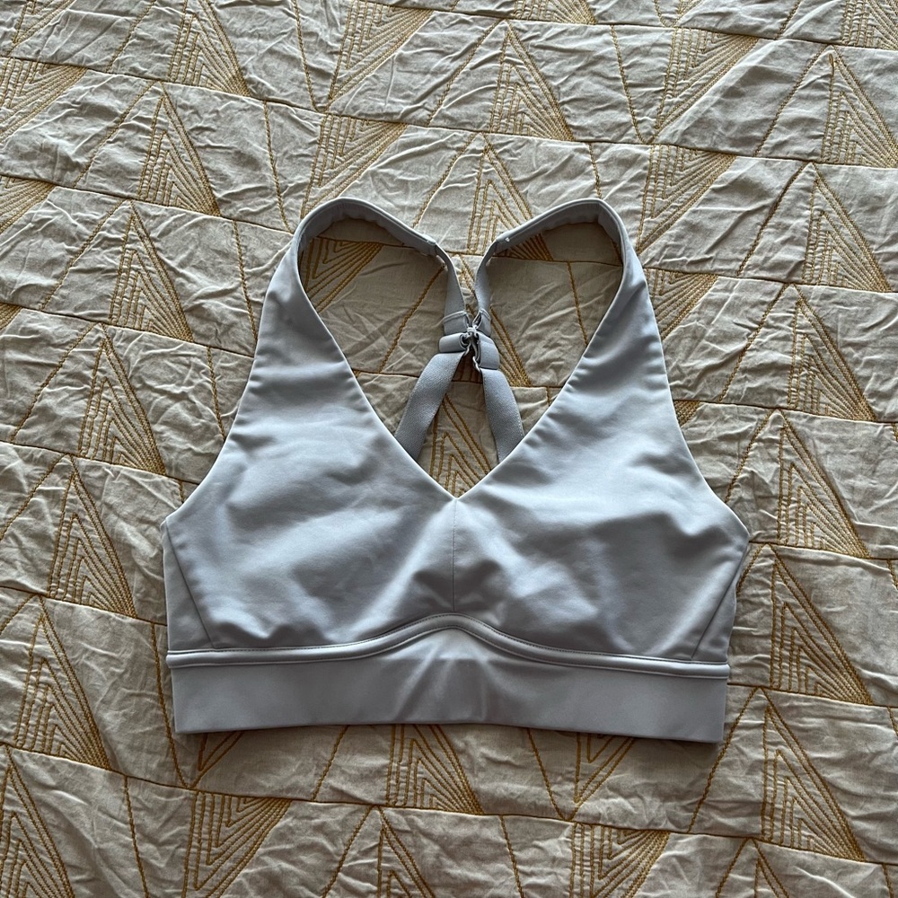 White Fabletics adjustable sports bra